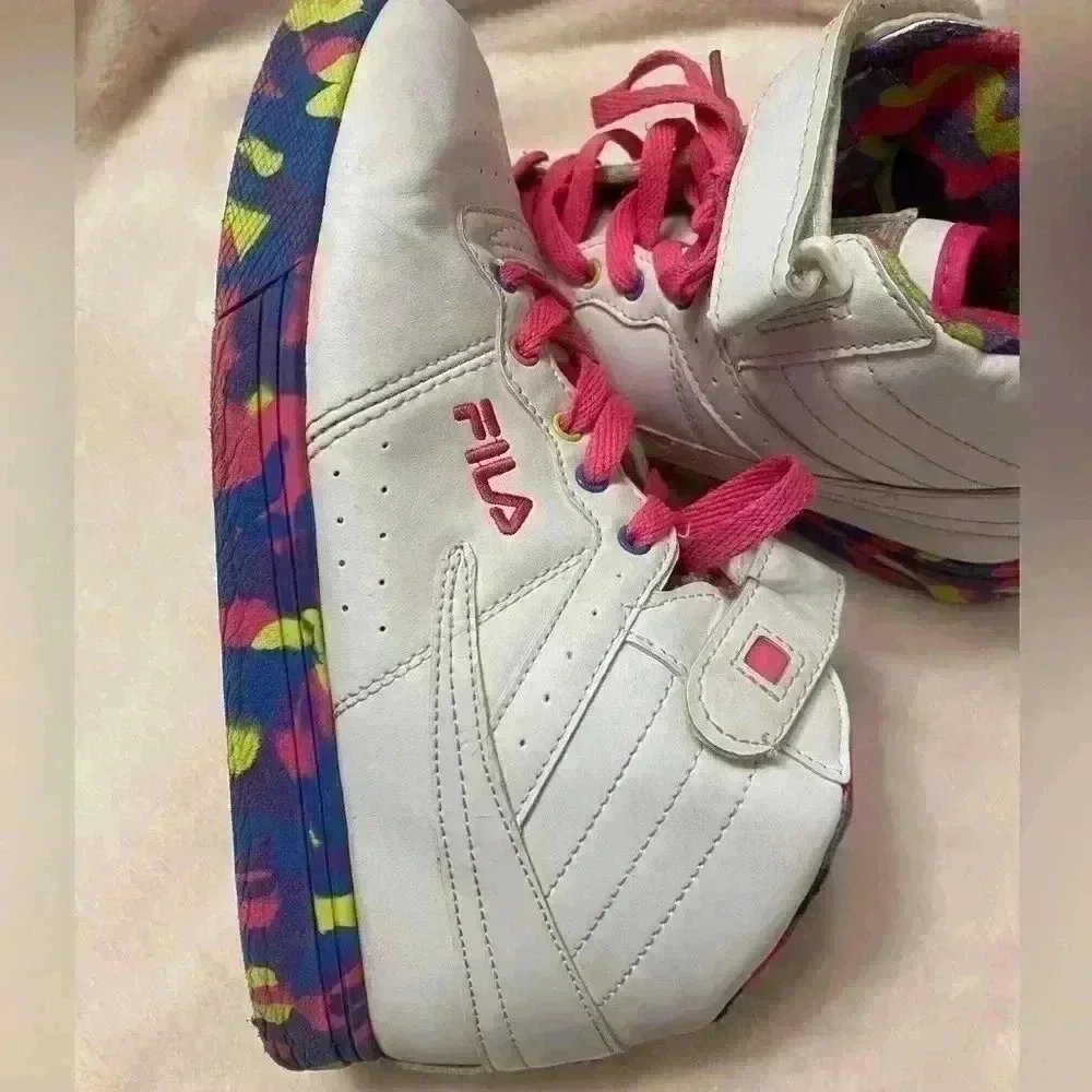 Fila Vulc Mashup Women’s Hi Top Sneakers in pink purple & yellow size 6 1/2”